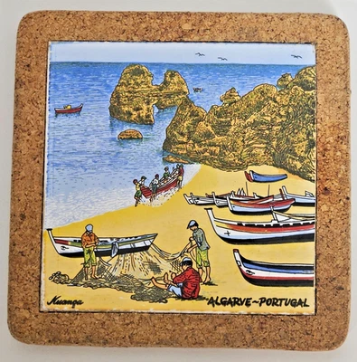 Algarve Portugal Azulejo Cerámico Corcho Trasero Trivet 7x7" Arte de Recuerdo Vintage Foto 1 de 4