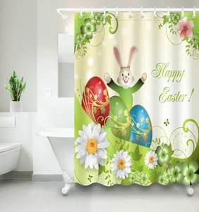 Happy Easter Shower Curtain Spring Bunny Eggs Daisy Flower For Bathroom Bathtub - Picture 1 of 6