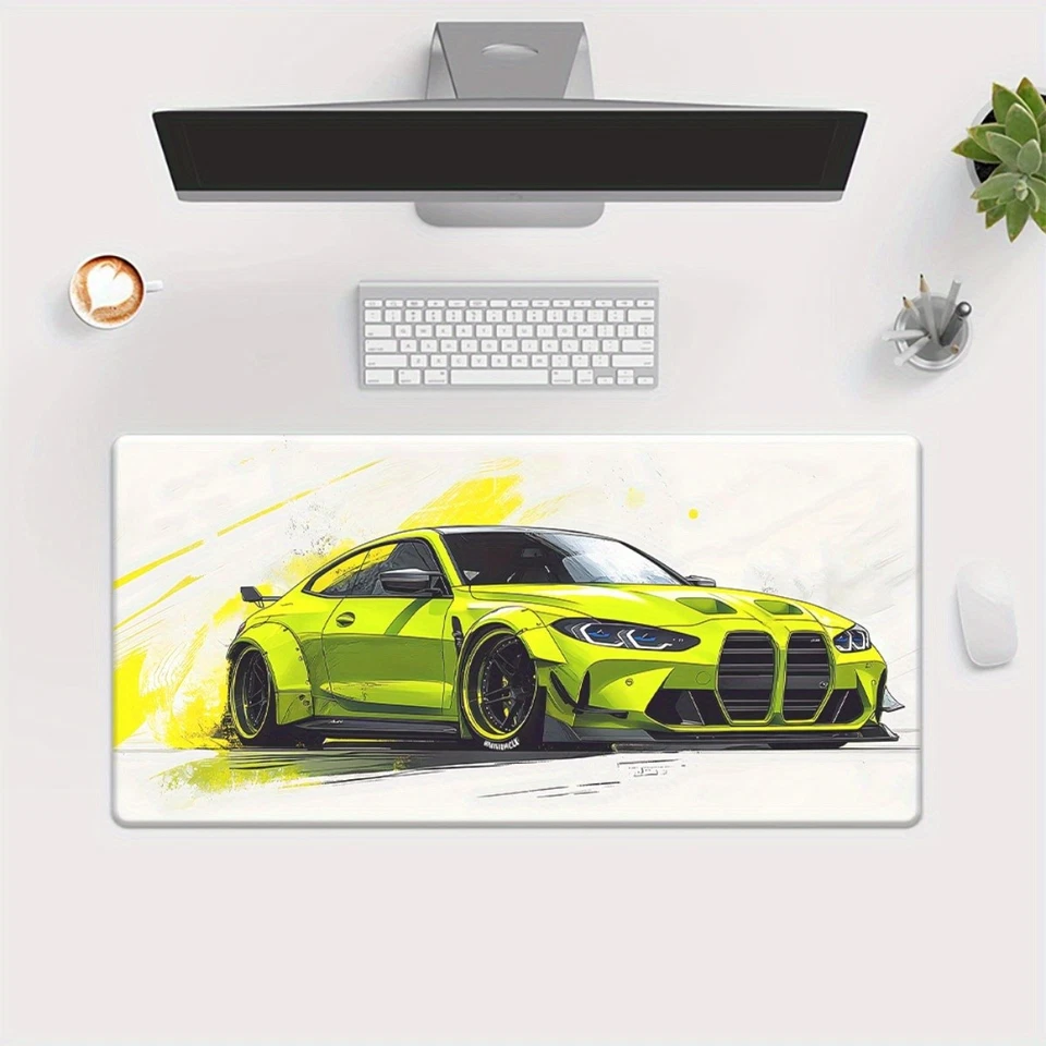 40*90cm1pc Vibrant Green Sports Car Printed XXL Mouse Pad - Non-Slip, Washable R - Image 1 of 4