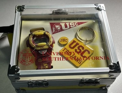 USC Trojans  Watch And Key Chain, Pin, And Small Pennant In Unopened Lock Box. - Image 1 of 4