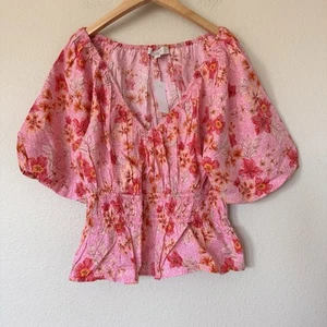 Neu mit Etikett Loft Lilie geraffte Taille V-Ausschnitt Bluse Größe Medium rosa Zinnie - Bild 1 von 7