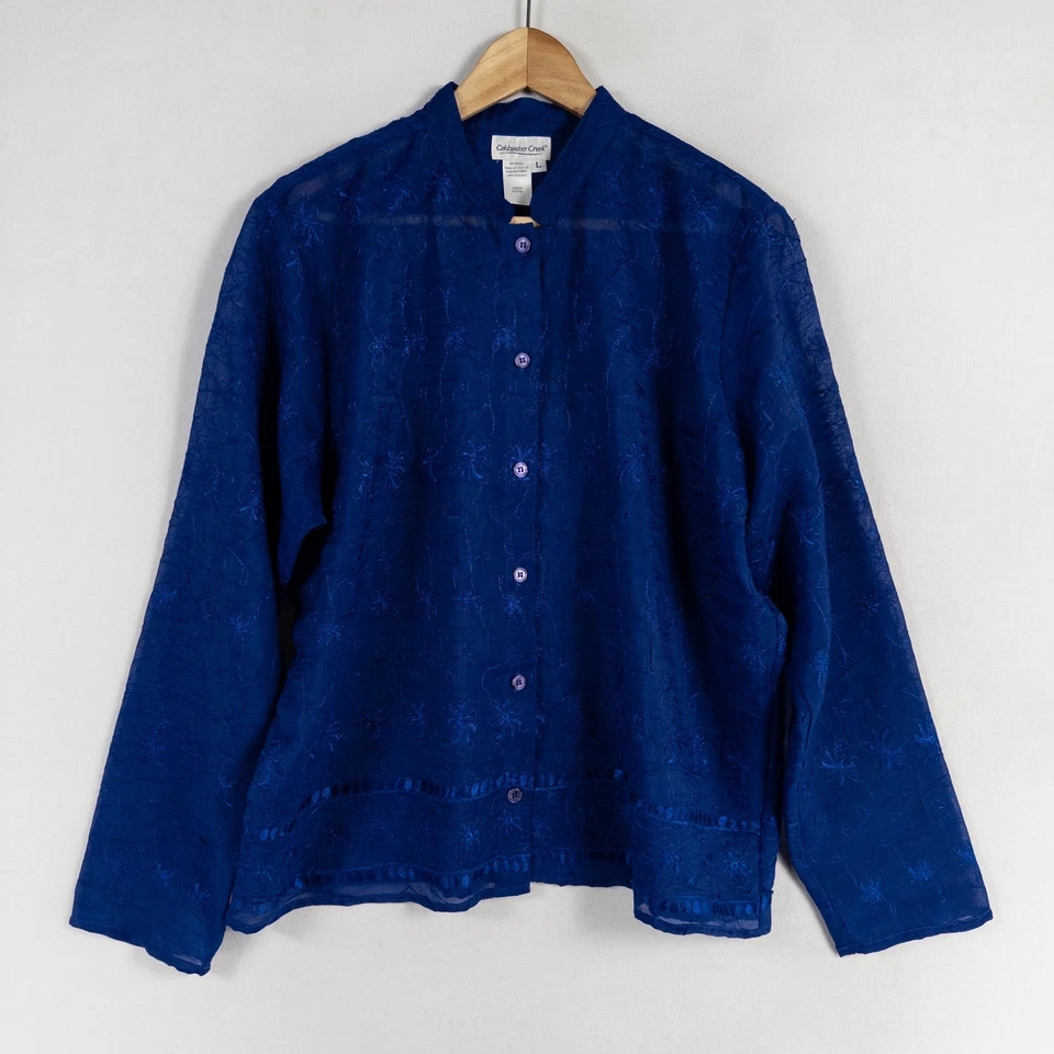 Camisa Blusa Coldwater Creek Talla Grande Azul Abotonada Floral Bordada Transparente Foto 1 de 4