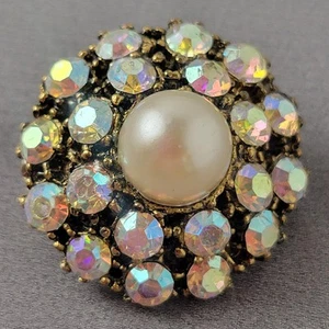 Vintage Rhinestone Brooch Faux Pearl 1.1" Gold Tone Aurora Borealis Gift Box - Picture 1 of 9