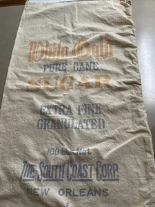 Vtg WHITE GOLD Pure Cane Sugar Cloth Sack Bag 100lb South Coast Corp New Orleans - Picture 1 of 6