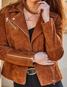 Women's Suede Leather Jacket Biker Style Genuine Suede Leather Moto Brown Jacket - Picture 1 of 6