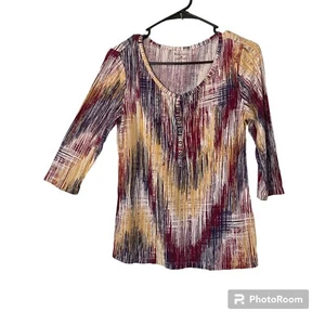 Relativity Womens Top M Henley Shirt 3/4 Sleeve Geometric Cotton Casual - Picture 1 of 9