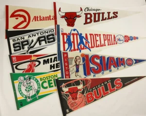Lot Of 8 Vintage NBA Basketball Pennants Celtics Bulls Pistons Miami Heat - Picture 1 of 5