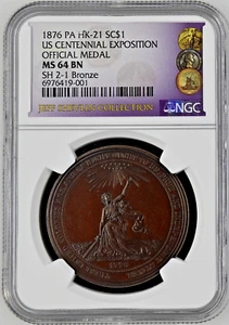 1876 PA HK-21 SO-CALLED DOLLAR US CENTENNIAL EXPO OFFICIAL MEDAL NGC MS 64 BN - Picture 1 of 2