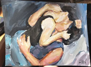 Original Couple Portrait Acrylic Painting Cuddle Kissing lovers 6x8 inches - Picture 1 of 5