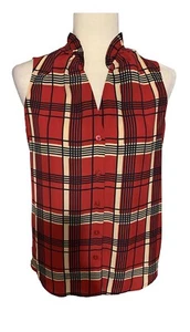banana republic womens red ivory Button Down plaid tank top xs - Picture 1 of 4