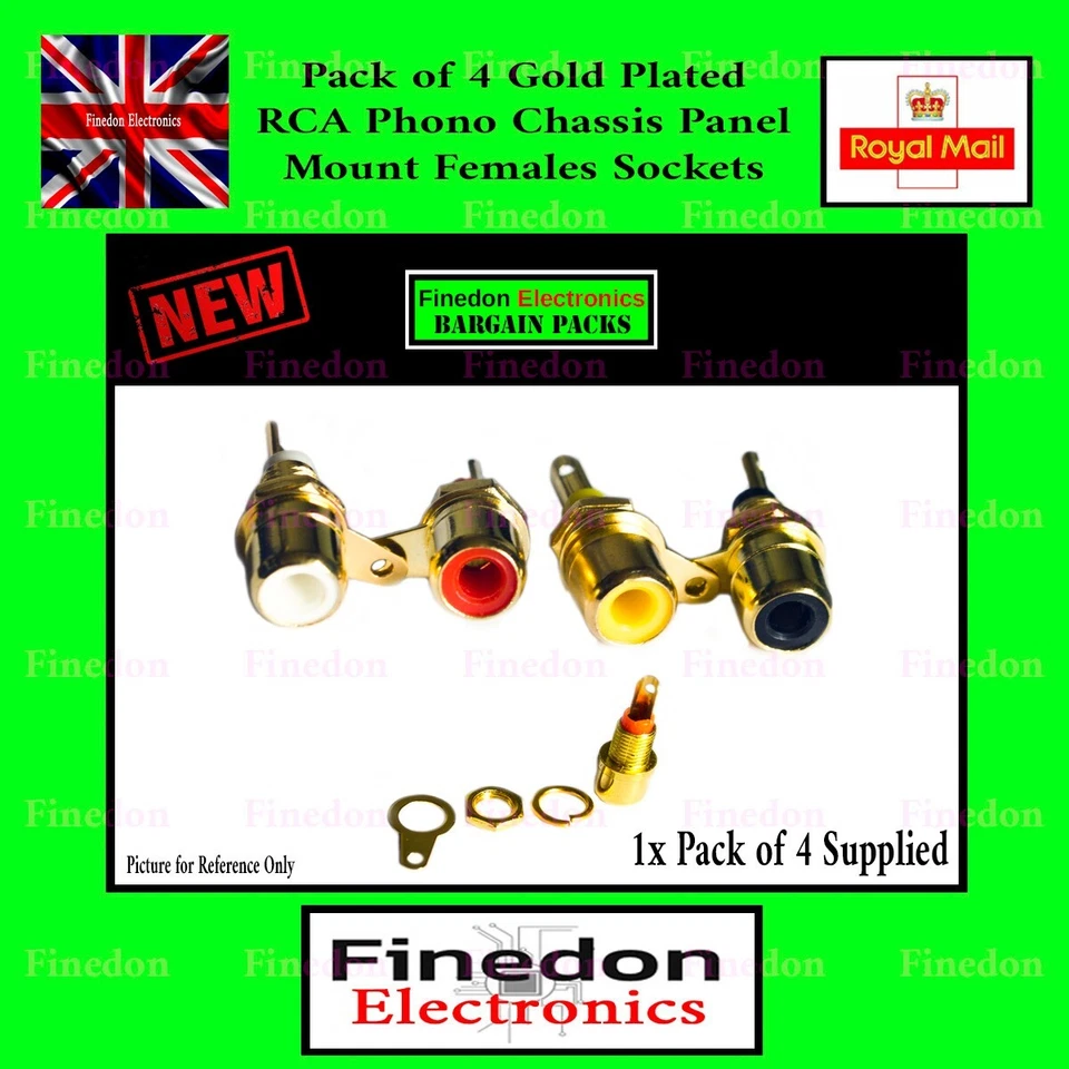 4 Pack Quality Gold Plated Phono RCA Panel Chassis Mount Sockets - Image 1 of 1