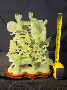 Green Jade Intricate Hand Carved Dragon Sculpture on it's wooden base - Picture 1 of 2