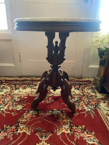 Circa 1870 Walnut Victorian Round Marble Top Parlor Table - All Original Cover