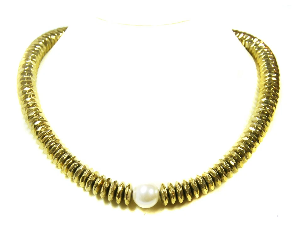 Collar De Hematita En Forma De Botón Facetado Con Una Perla De Concha Blanca - Imagen 1 de 2