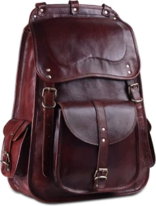 Vintage Full Grain 21 Inch Leather Laptop LARGE Backpack Casual Bookbag Daypack - Picture 1 of 8