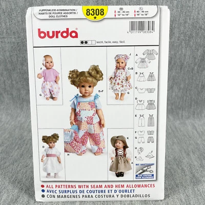 Burda 8308 Doll Clothes Dress Jumpsuit Pants 12" 14" and 16" 18" Dolls Pattern - Image 1 of 4