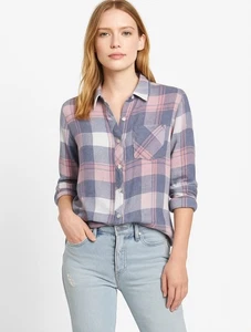 Rails Hunter Plaid Shirt Mulberry Blue Pink Gray Rayon Medium EUC - Picture 1 of 6