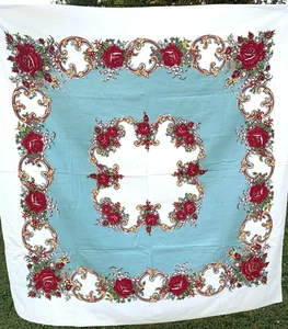 Vintage 1950er Blumen Baumwolle Tischdecke 50” x 51” Landhaus Kern rote Rosen Startex - Bild 1 von 4