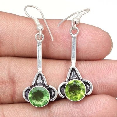 Peridot Quartz Gemstone Handmade Silver Jewelry Earrings 1.5'' - Image 1 of 4