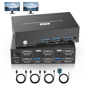 USB 3.0 HDMI KVM Switch 2 Monitors 2 Computers 4K@60Hz,KVM Switches Dual Monitor - Picture 1 of 7