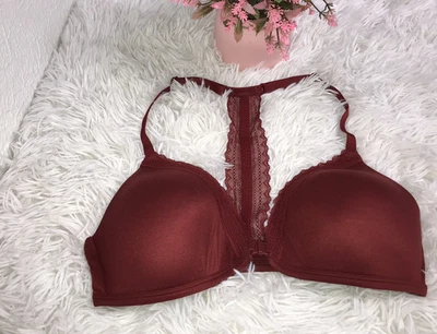 Sujetador Xhilaration Talla 36C Vino Tinto Inalámbrico Forrado Cierre Frontal Espalda Corredora Encaje Foto 1 de 4