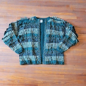 Vintage Handmade Grannycore Patchwork Fringe Cardigan Sweatshirt Quilt 90s - Picture 1 of 8