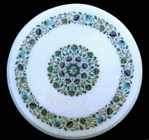 Floral Art Inlay Lawn Side Table for Home | Round White Marble Coffee Table Top - Picture 1 of 6
