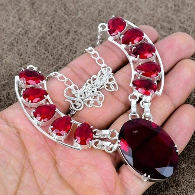 925 Sterling Silver Red Garnet Gemstone Handmade Jewelry Necklace Size-18" - Image 1 of 4