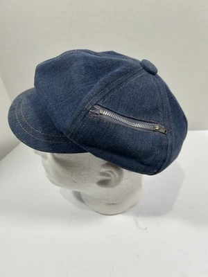 Sombrero de Cabbie Denim Oscuro Vintage Años 70 Gorra de Noviero 6-3/4 Bolsillos con Cremallera Puntada en Contraste Foto 1 de 4