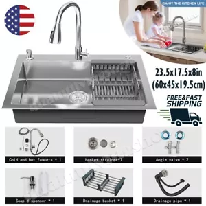 23.5inch Kitchen Sink 304 Stainless Steel Single Bowl Drop In Top Mount Faucet - Picture 1 of 13