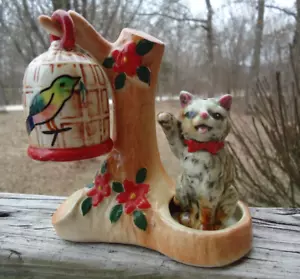 Vintage Calico Tabby Katze hängender Vogelkäfig Baum Salz Pfefferstreuer rote Blume Kirsche - Bild 1 von 13