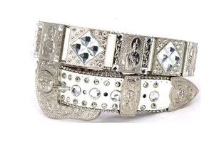 Western Belt White Leather Belt St.Jude Jesus Clear Rhinestone Longhorn Pants 30 - Picture 1 of 10