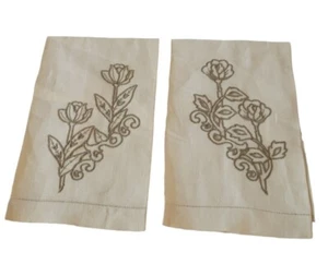 Linen Napkin Set Ivory With Taupe Stitched Flowers Set Of 2 Reticulated - Picture 1 of 6