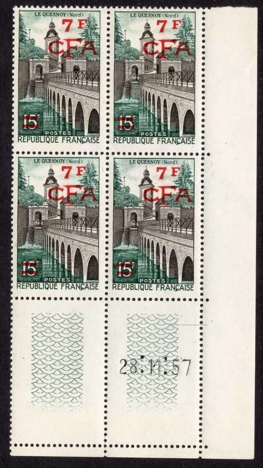 Reunion Scott #322 VF MNH 1957 7 Franc on 15 Franc CFA Overprint Date Block - Image 1 of 1