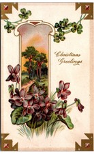 Christmas Post Card Winsch Schmucker Embossed 4 Leaf Clovers & Violets Unposted