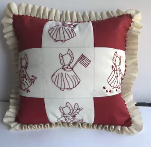 Vintage Embroidered Pillow 16”x16” Off White Ruffled Trim Girl in Bonnet - Picture 1 of 7