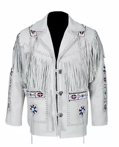 Men White American Native Western Real Leather Cowboy Jacket Fringes & Beaded  - Picture 1 of 5