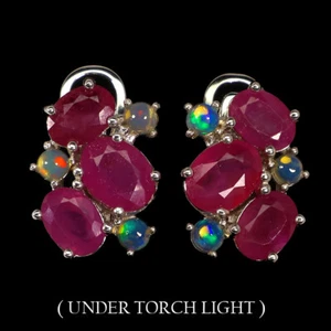 Orecchini In Argento 925 Con Rubino Ovale 8x6mm E Opale Di Fuoco Pietra Naturale - Foto 1 di 10