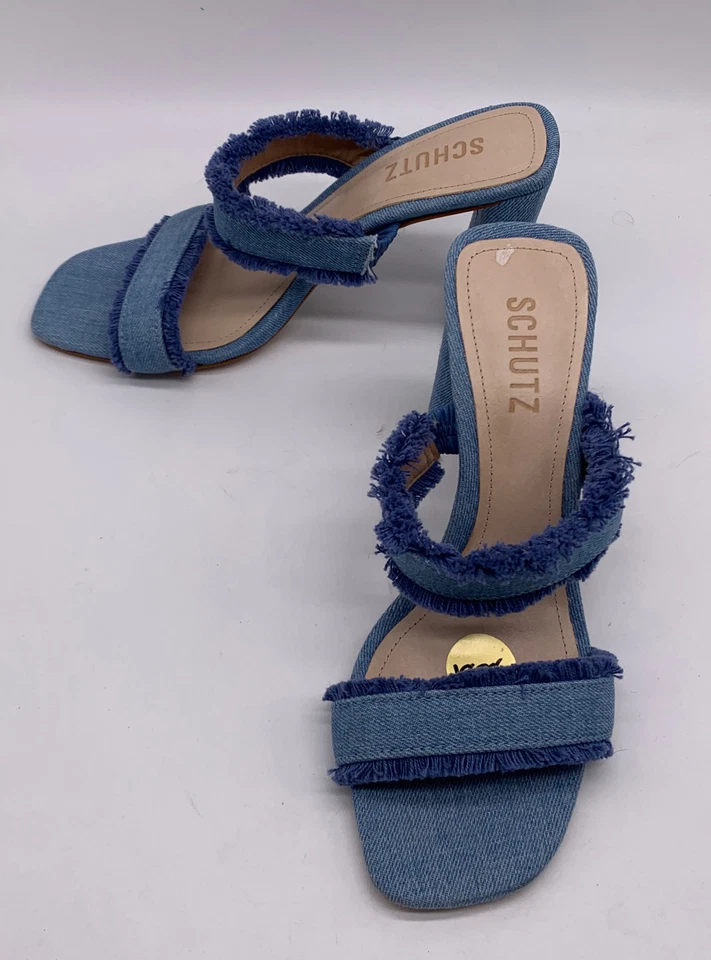 Schutz Azul Denim Amely Sin Cordones Flecos Doble Correa Medio Bloque Tacón Mula talla 7.5 B Foto 1 de 4