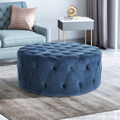 Modern 40"Large Round Ottoman Velvet Upholstered Button Tufted Coffee Table Blue - Image 1 of 4