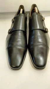 Santoni Men's Cap Toe Double Monk Strap Dress Shoes Black Size UK 10F - Picture 1 of 19