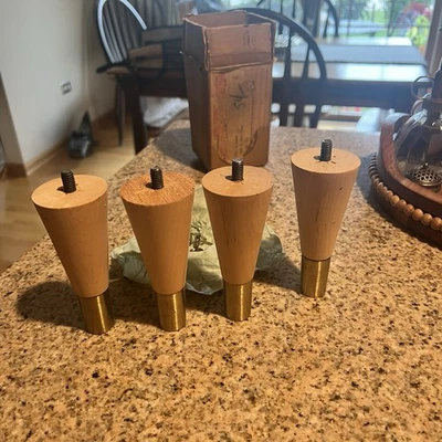 4 MCM Tapered Table Legs Blonde Natural Wood- Brass Capped - Metal Tip -4.5” NIB - Image 1 of 4