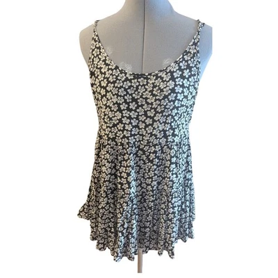 Floral Print Mini Dress Black White Sleeveless Sundress Summer Casual - Image 1 of 4