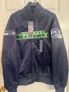 PRO STANDARD NFL SEATTLE SEAHAWKS NAVY BLUE SATIN FULL SNAP JACKET LARGE NWT - Picture 1 of 22