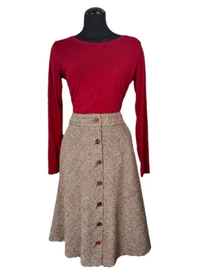 Vintage 60s Brown Cream Wool Tweed Skirt Herringbone Aline Midi Button Front M/L - Photo 1/4