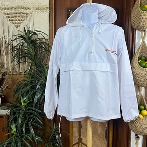 Vintage 80s Shell Aeroshell Jacket S | White PVC Hooded Packable Rain Jacket NOS - Picture 1 of 8