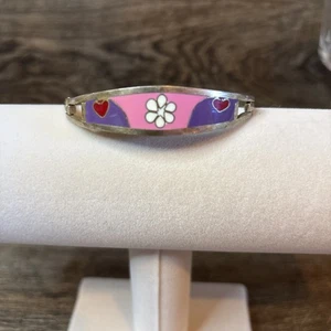 Brazalete Vintage Infantil México Alpaca Plata Bisagras Abulón Incrustación Flor Firmado - Imagen 1 de 6