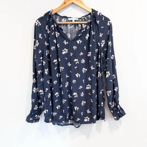 C&C California Blue Boho Chic Floral Notch Neck Peasant Top Large - Picture 1 of 9