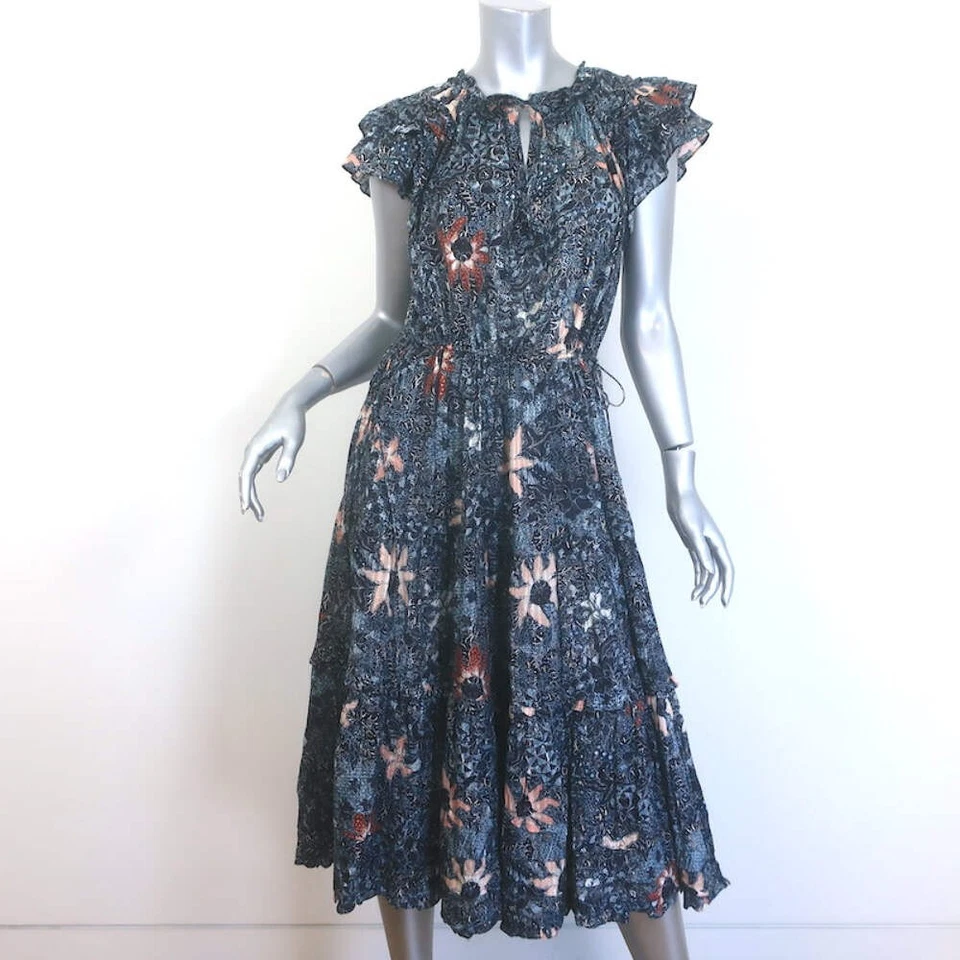 Vestido midi Ulla Johnson Rema manga acampanada en capas azul marino estampado floral talla 6 Foto 1 de 4