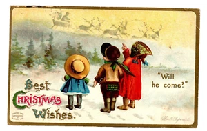 c.1909 Ghost Flying Santa Reindeer Shadow Children Christmas Postcard Clapsaddle - Imagen 1 de 2